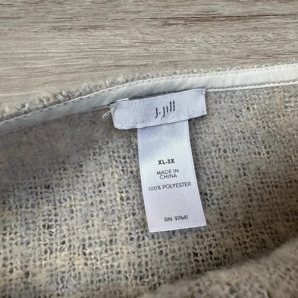 J.Jill Plaid Knit Wrap Shawl Gray Cream Fringed Cozy Layer XL - 3XL